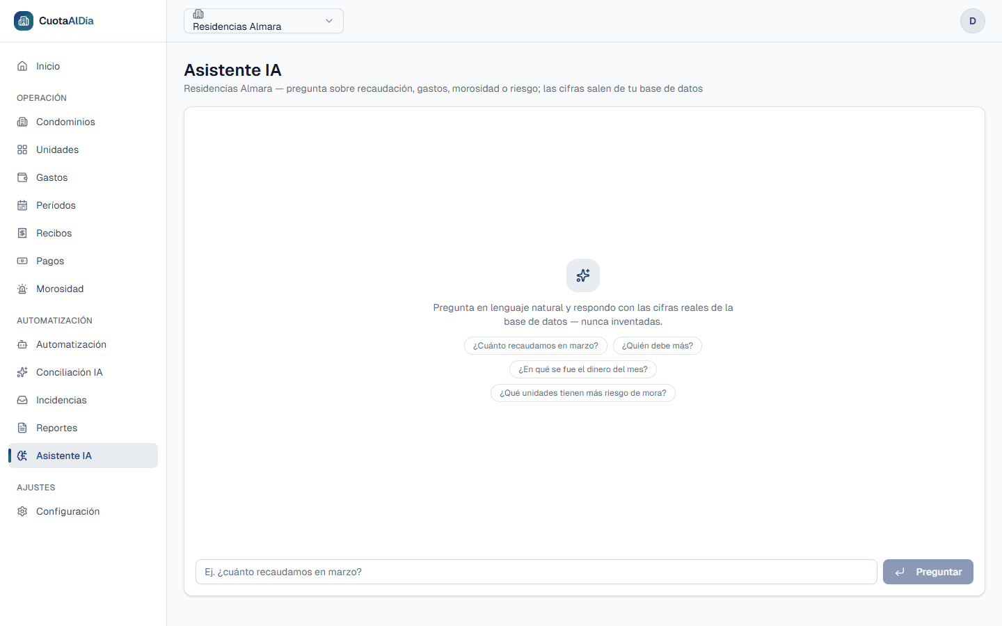 Pantalla del Asistente IA de Residencias Almara: un mensaje que dice que responde con las cifras reales de la base de datos, nunca inventadas, cuatro preguntas sugeridas y un campo para escribir