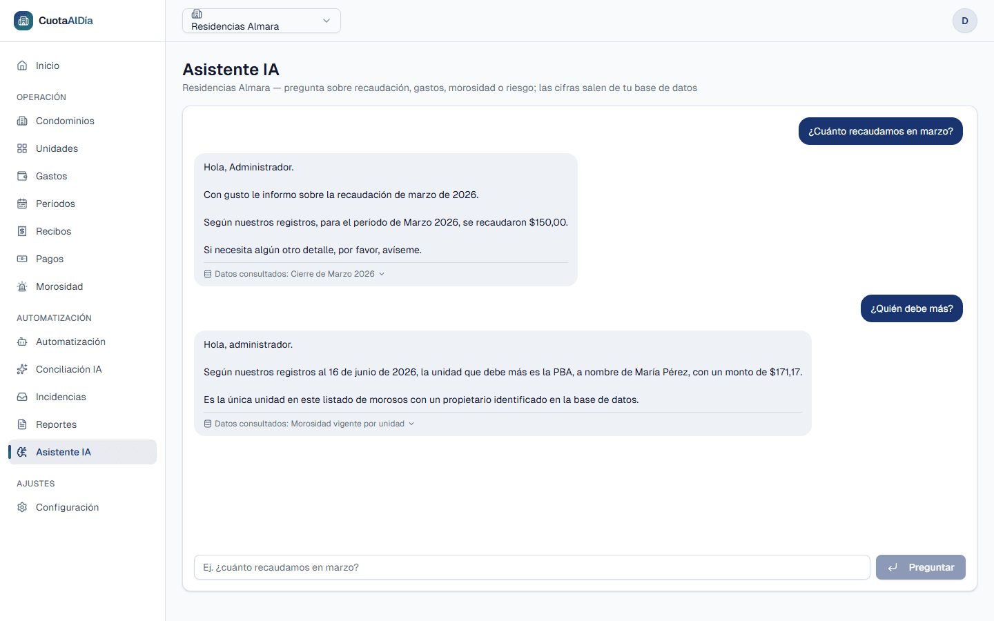 Conversación con el asistente: a «¿Cuánto recaudamos en marzo?» responde que en Marzo 2026 se recaudaron 150,00 dólares, y a «¿Quién debe más?» responde que la unidad PBA, de María Pérez, debe 171,17 dólares