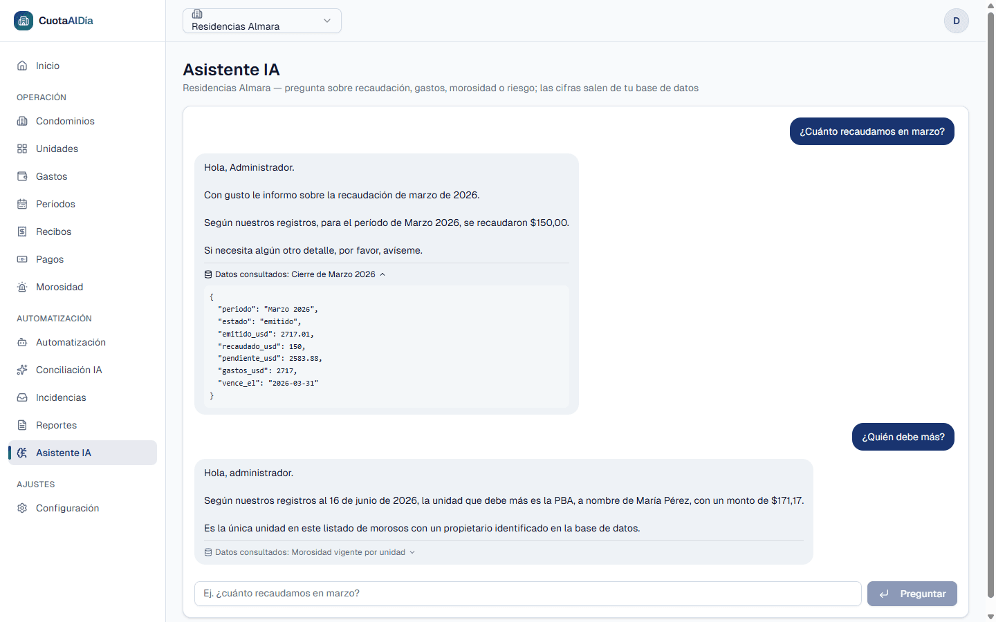 La misma conversación con el panel «Datos consultados» desplegado, mostrando los datos crudos del cierre de Marzo 2026: emitido 2717,01, recaudado 150, pendiente 2583,88 y gastos 2717