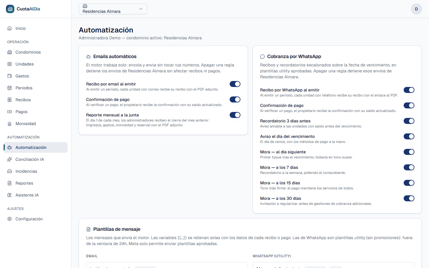 Pantalla de Automatización de Residencias Almara con dos tarjetas, Emails automáticos y Cobranza por WhatsApp, cada una con interruptores encendidos