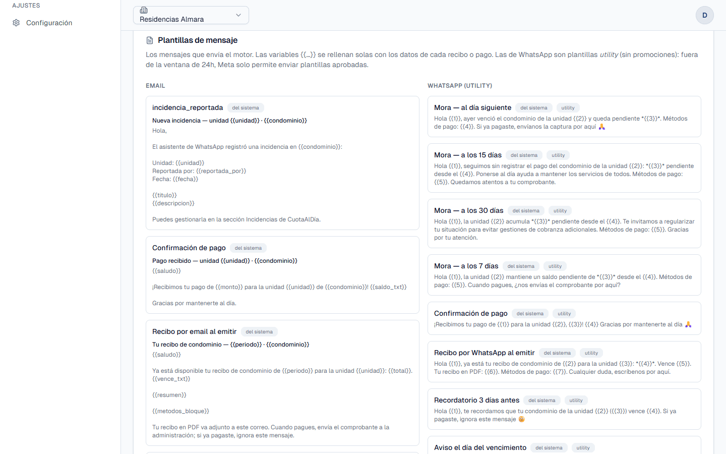 Sección Plantillas de mensaje con dos columnas, Email y WhatsApp utility, mostrando el texto de cada mensaje con variables entre llaves