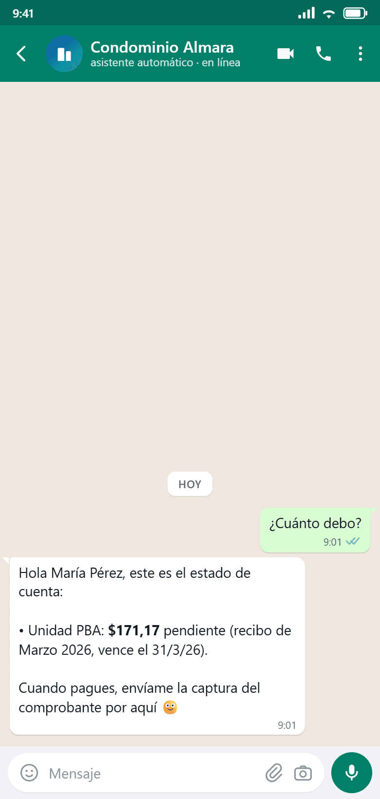 El residente pregunta «¿Cuánto debo?» y el asistente responde: Unidad PBA, $171,17 pendiente del recibo de Marzo 2026, vence el 31/3/26, e invita a enviar la captura del comprobante al pagar