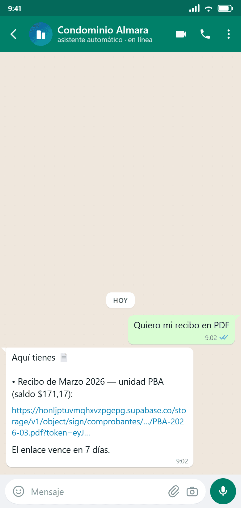 El residente pide su recibo en PDF y el asistente le envía un enlace al recibo de Marzo 2026 de la unidad PBA, con la nota de que el enlace vence en 7 días