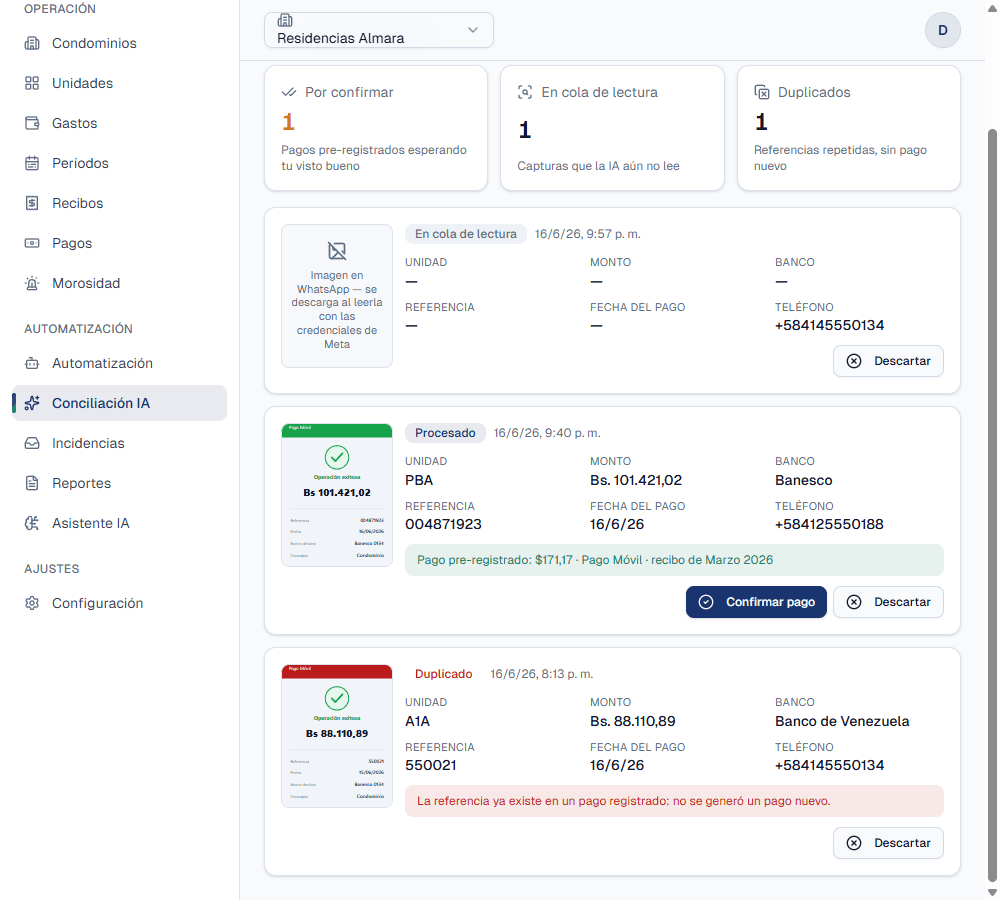 Tarjeta de un comprobante de PBA: la captura del Pago Móvil de Banesco, los datos leídos (referencia 004871923, monto en bolívares) y el pago pre-registrado de 171,17 dólares con el botón Confirmar pago