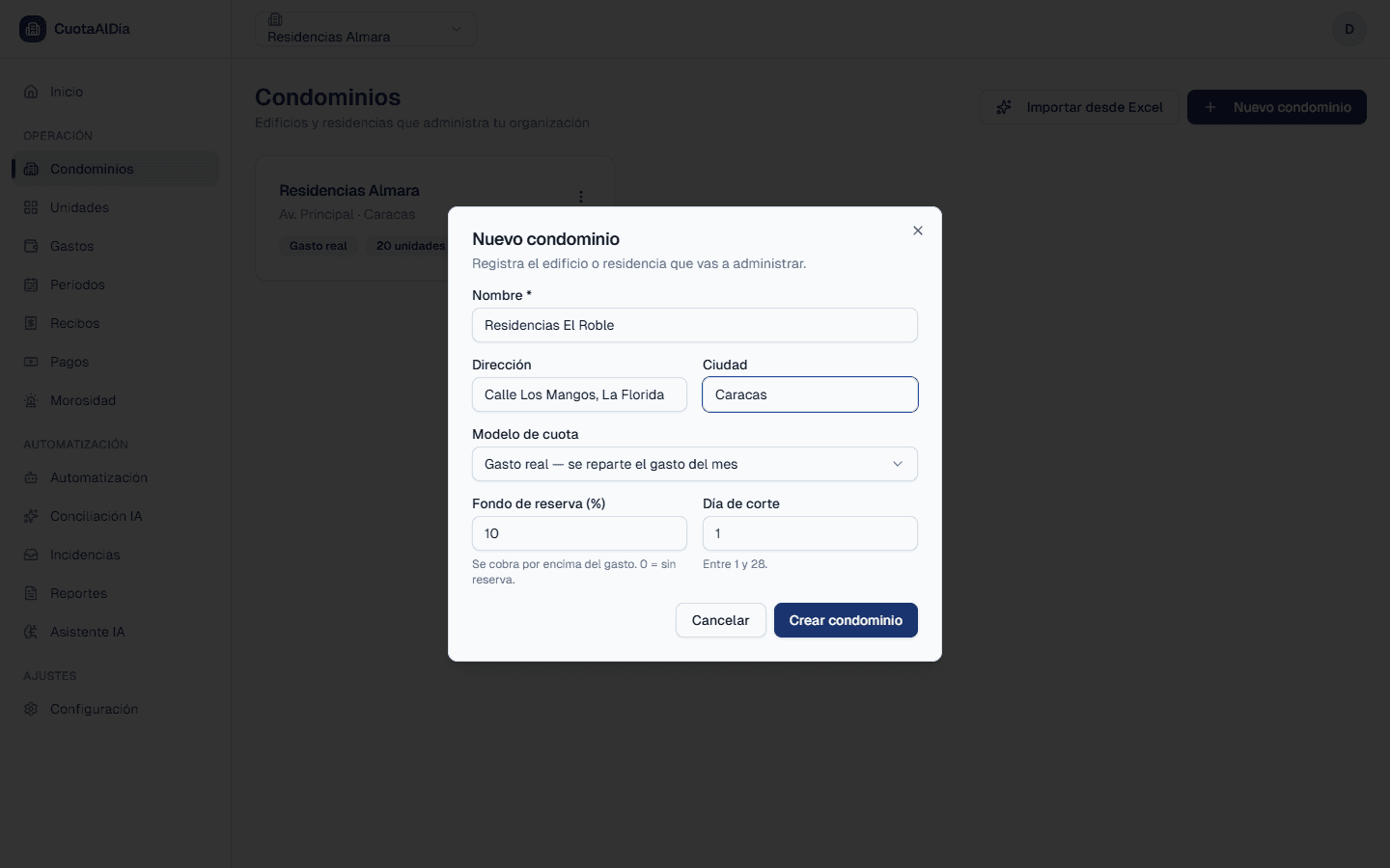 Dialog Nuevo condominio con nombre, dirección, ciudad, modelo de cuota, fondo de reserva y día de corte