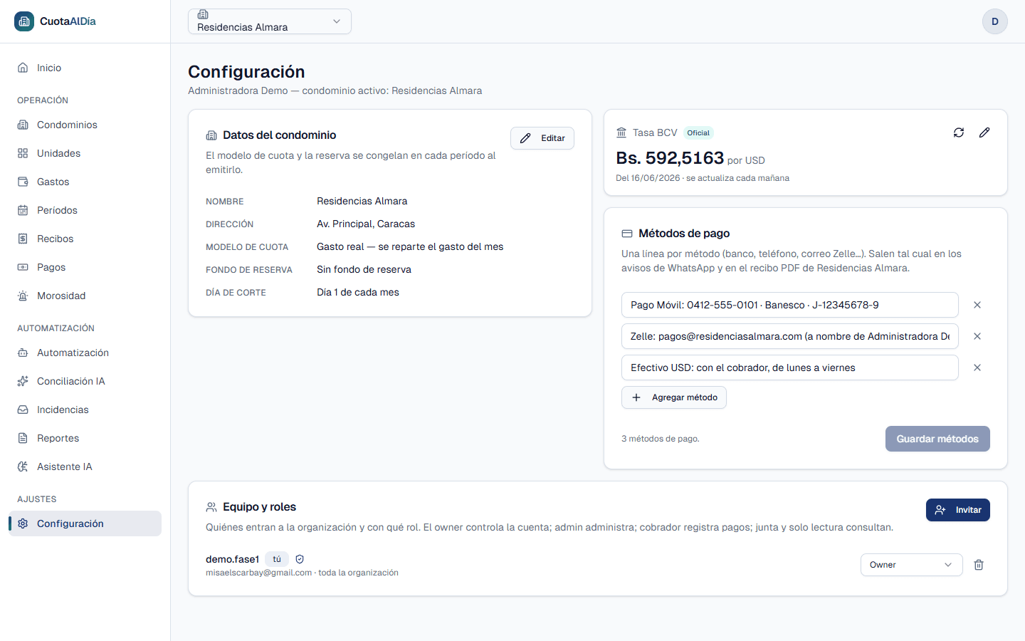 Pantalla de Configuración de Residencias Almara: tarjeta de datos del condominio, tarjeta de tasa BCV en 592,5163 bolívares por dólar, tarjeta de métodos de pago con tres líneas y tarjeta de equipo y roles