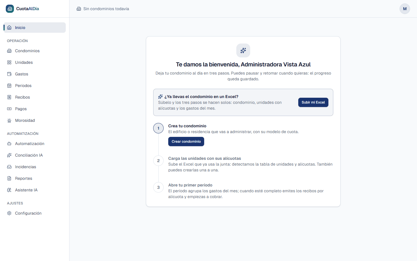 Bienvenida de CuotaAlDía con la tarjeta ¿Ya llevas el condominio en un Excel? y el botón Subir mi Excel