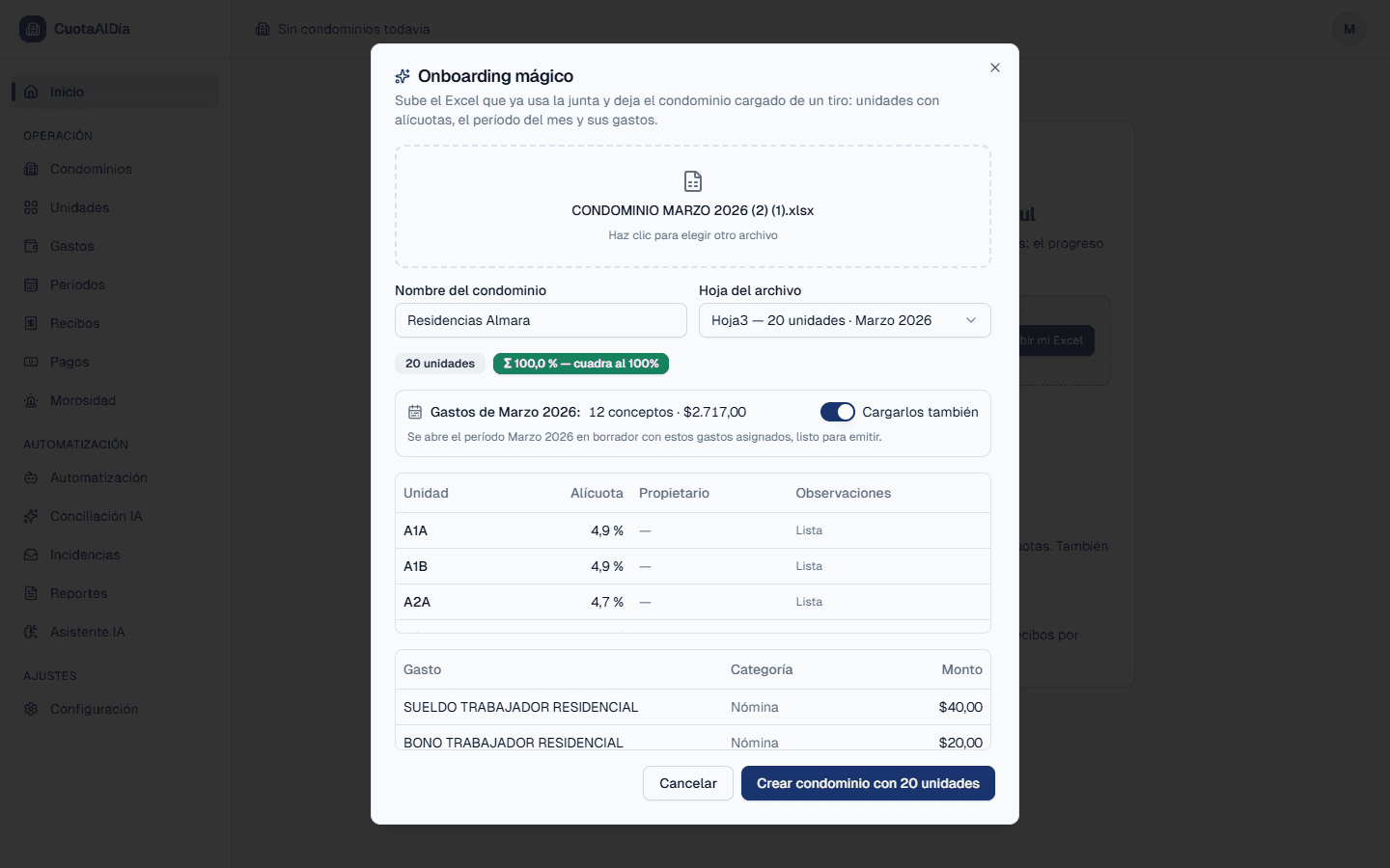 Dialog del onboarding mágico con el Excel leído: 20 unidades que cuadran al 100 por ciento y los gastos de Marzo 2026 por 2.717 dólares
