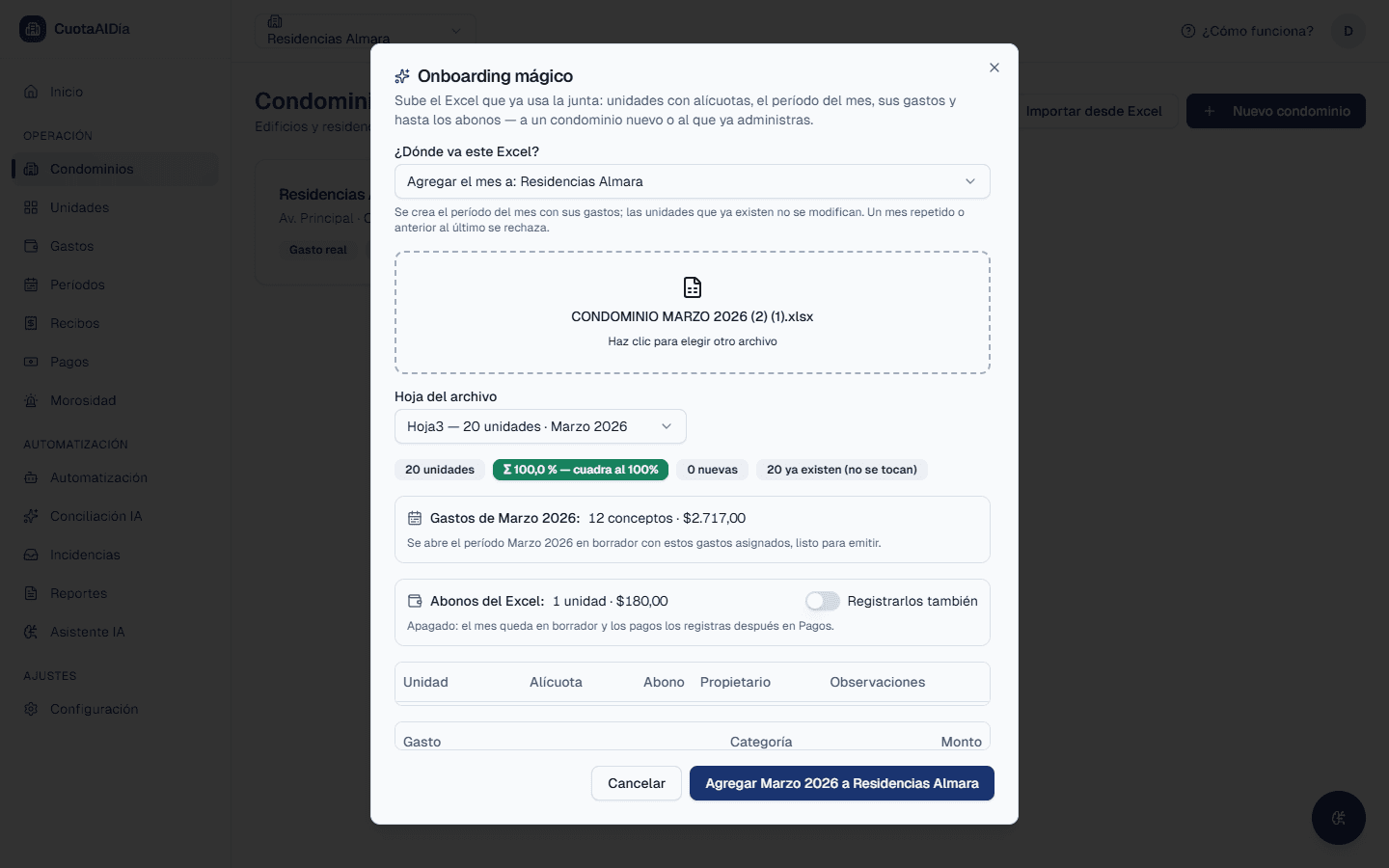 Dialog de importación con el selector ¿Dónde va este Excel? y la opción de agregar el mes a un condominio existente, más el switch para registrar los abonos que trae la columna del archivo
