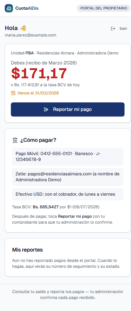 Portal de un propietario mostrando su unidad, el monto que debe en grande y en rojo, el equivalente en bolívares a la tasa BCV, la fecha de vencimiento y los botones Reportar mi pago y Descargar recibo