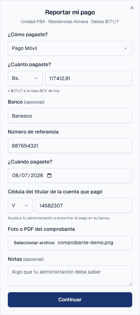 Formulario Reportar mi pago del portal: cómo pagó, cuánto, banco, número de referencia, fecha, cédula del titular y el campo para adjuntar la foto o el PDF del comprobante